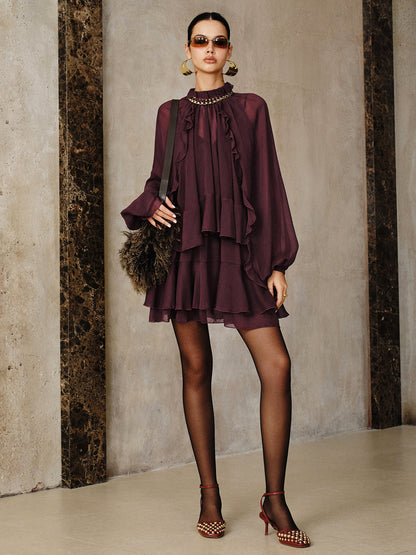 Tiered Ruffle Chiffon Mini Dress Set with Liner COMMENSE