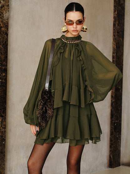 Tiered Ruffle Chiffon Mini Dress Set with Liner COMMENSE