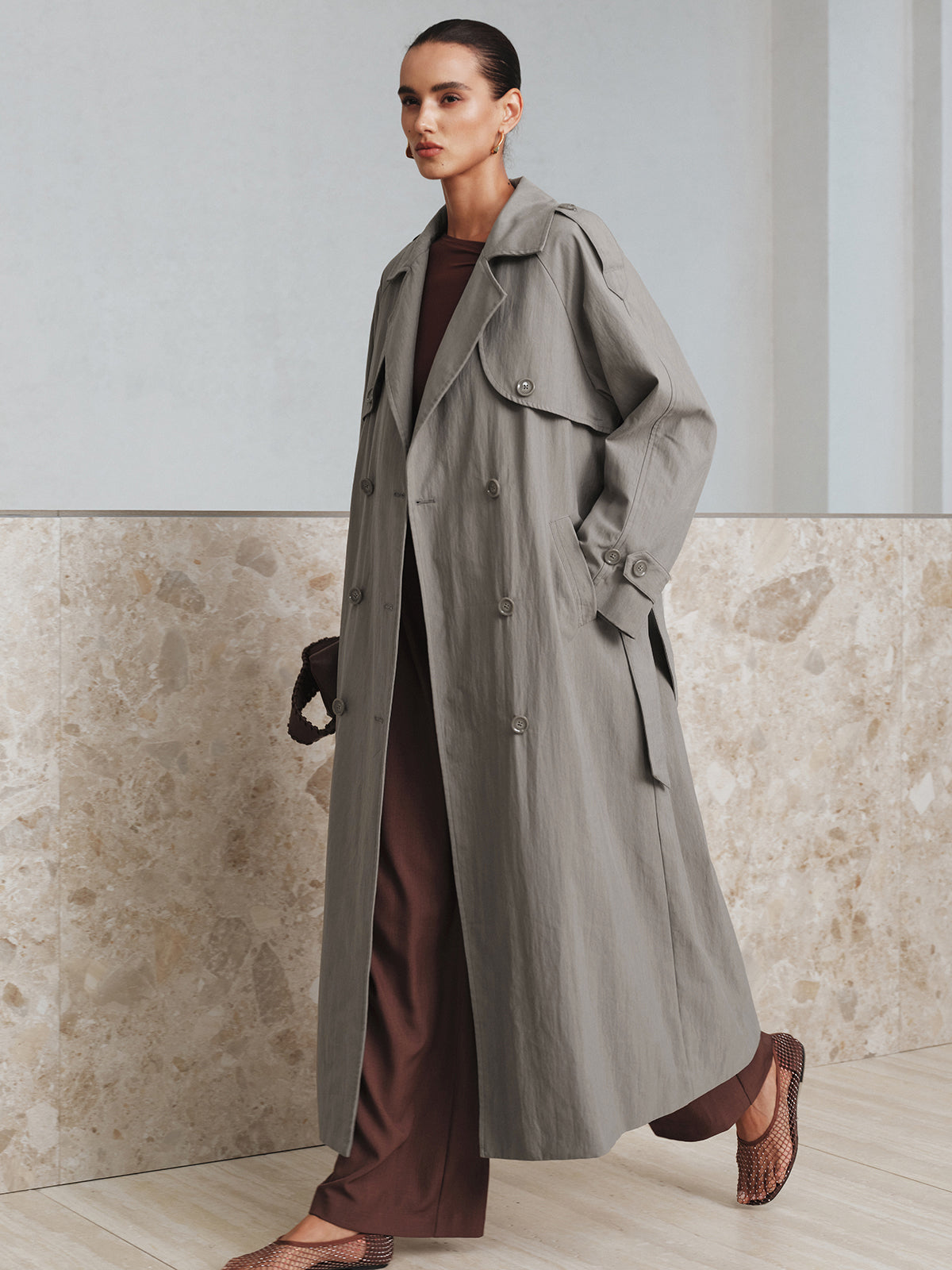 Kumaş Oversize Uzun Trençkot Kemeriyle THESVELTECHIC