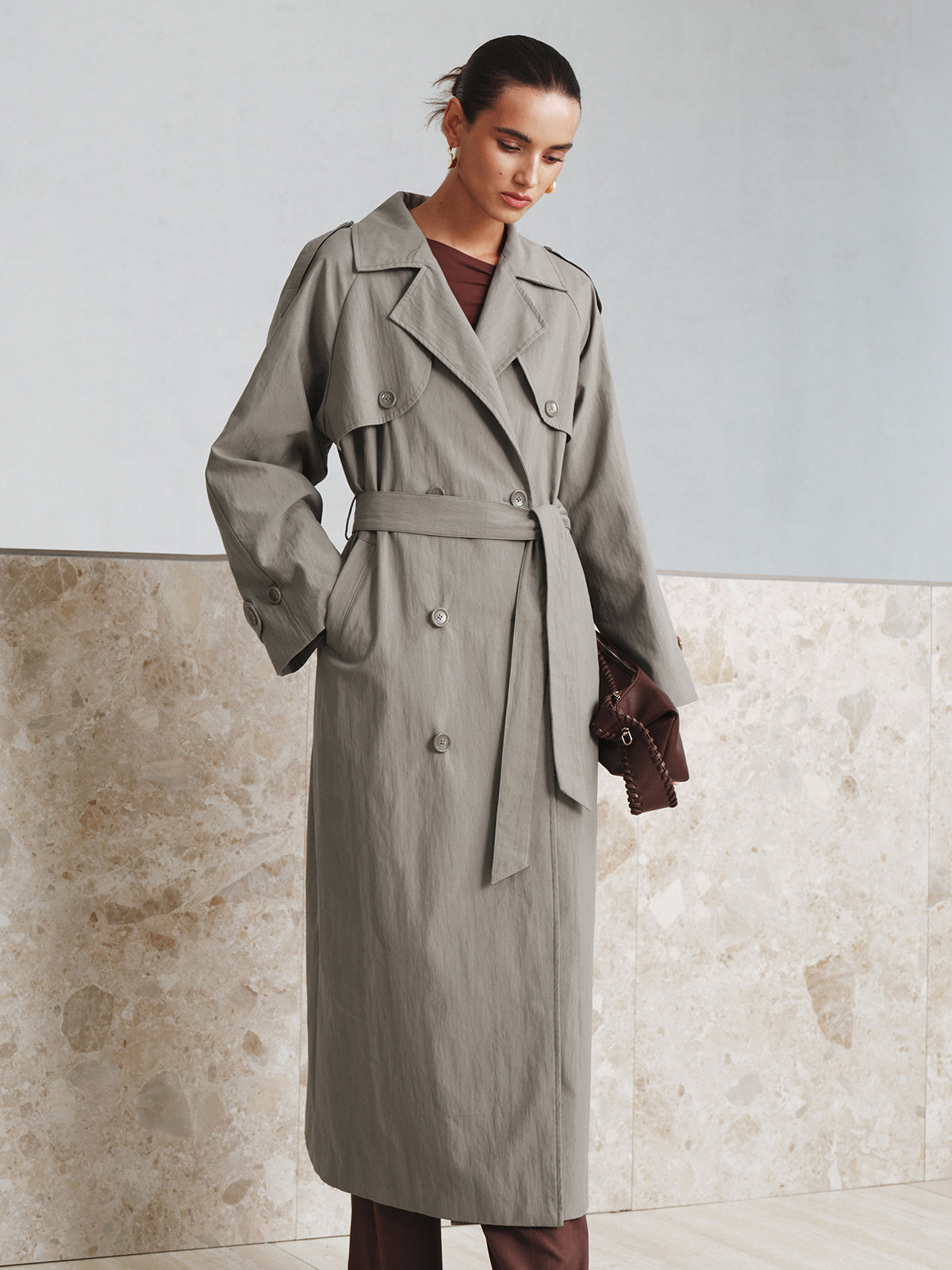 Kumaş Oversize Uzun Trençkot Kemeriyle THESVELTECHIC