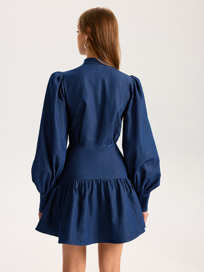 Denim Stand Collar Puff Sleeve Mini Dress COMMENSE