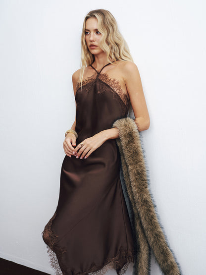 Dantelli Kenar Saten Asimetrik Arkası Açık Midi Elbise THESVELTECHIC