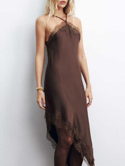 Dantelli Kenar Saten Asimetrik Arkası Açık Midi Elbise THESVELTECHIC