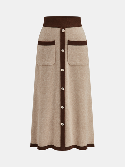 Kontrast Kenar Dikişli Jakarlı Üst ve Midi Etek Takımı