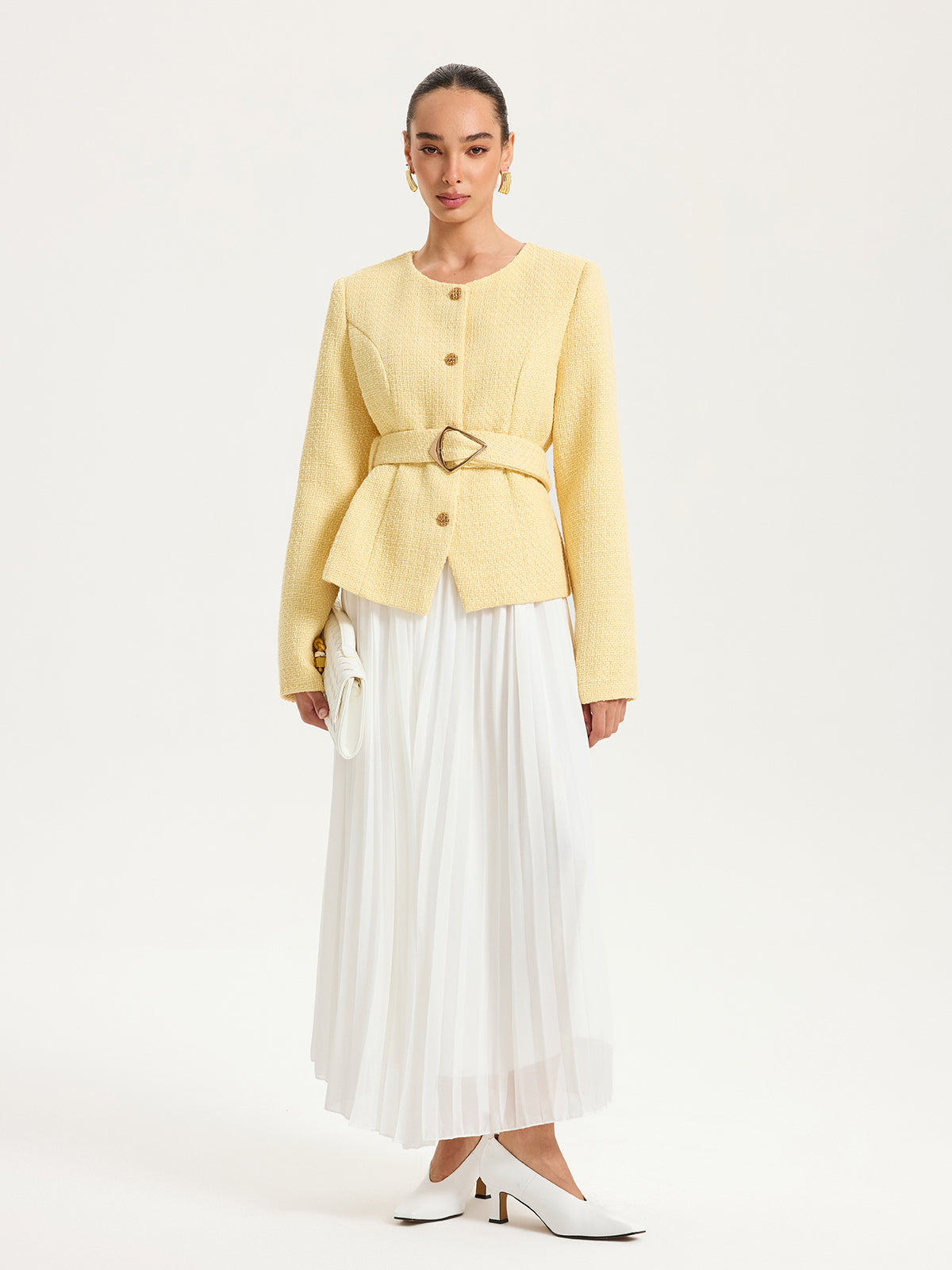 Düvme Detaylı Kemerli Tweed Ceket THESVELTECHIC