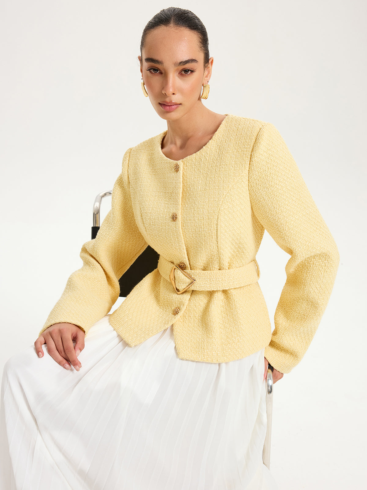 Düvme Detaylı Kemerli Tweed Ceket THESVELTECHIC