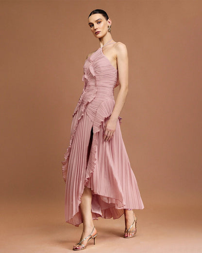 Fırfır Detaylı Pileli Halter Midi Elbise Siaora