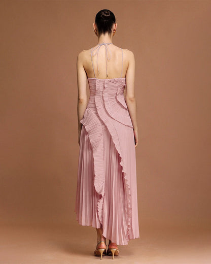 Fırfır Detaylı Pileli Halter Midi Elbise Siaora