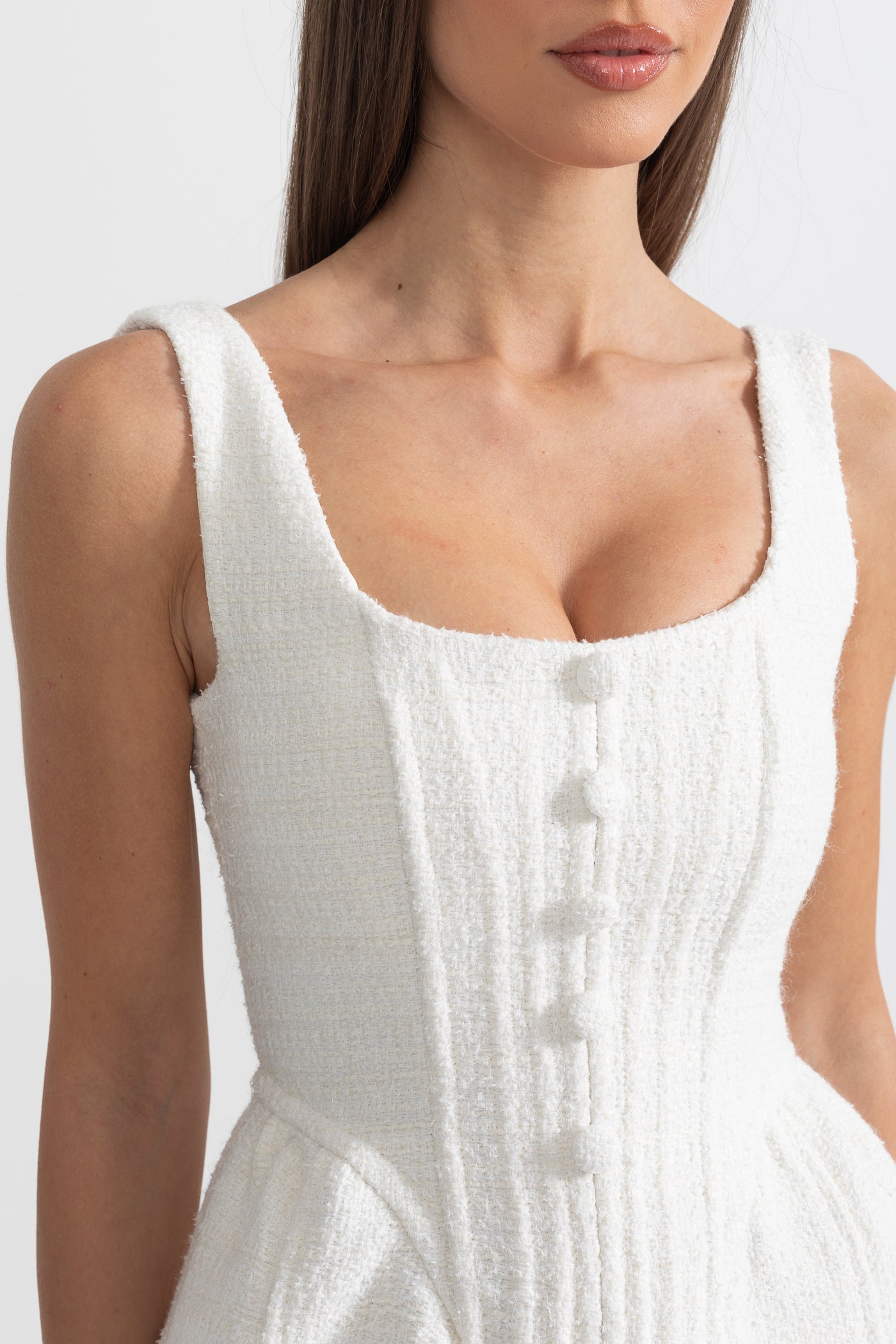 Fitted Bodice ile Dokulu Kolsuz Mini Elbise Siaora