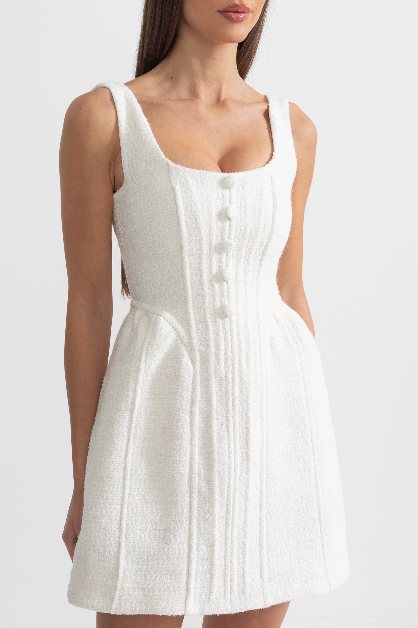 Fitted Bodice ile Dokulu Kolsuz Mini Elbise Siaora