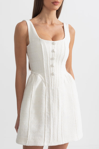 Fitted Bodice ile Dokulu Kolsuz Mini Elbise Siaora