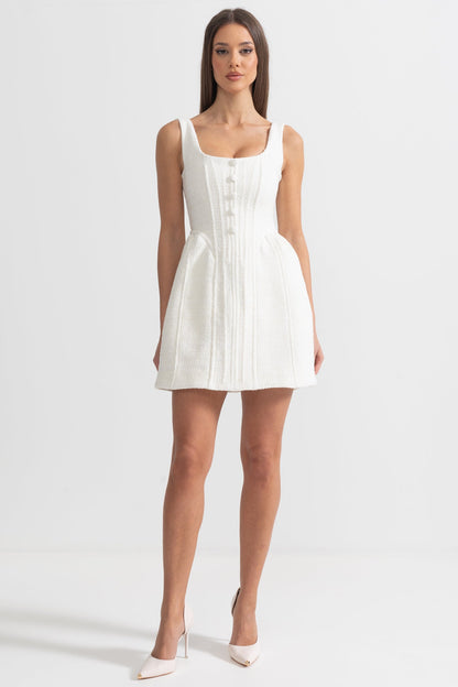 Fitted Bodice ile Dokulu Kolsuz Mini Elbise Siaora