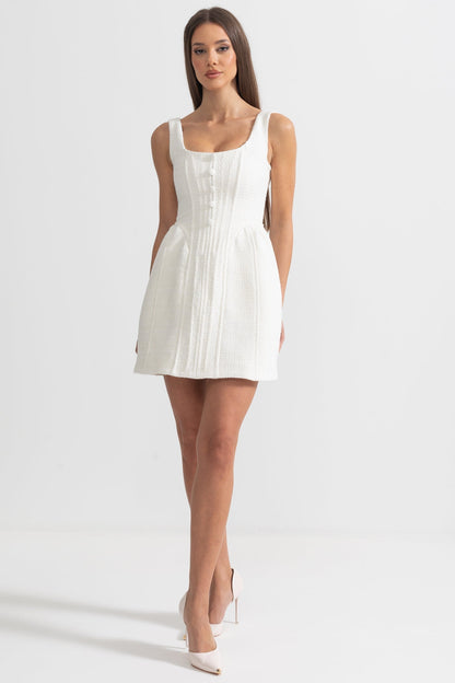 Fitted Bodice ile Dokulu Kolsuz Mini Elbise Siaora