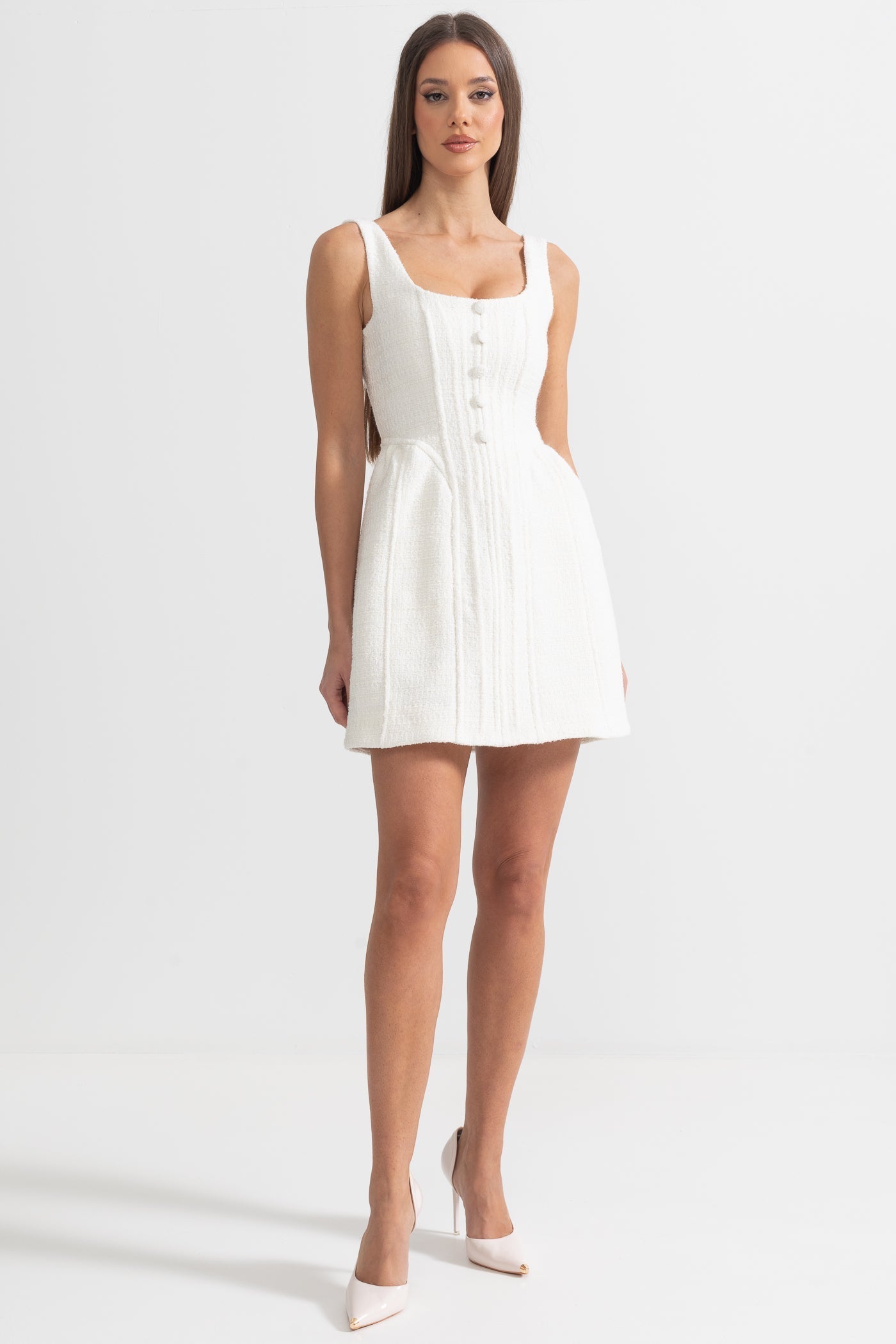 Fitted Bodice ile Dokulu Kolsuz Mini Elbise Siaora