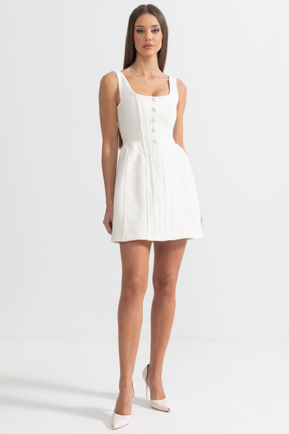 Fitted Bodice ile Dokulu Kolsuz Mini Elbise Siaora