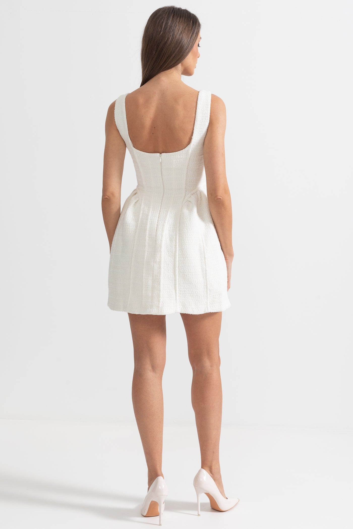 Fitted Bodice ile Dokulu Kolsuz Mini Elbise Siaora