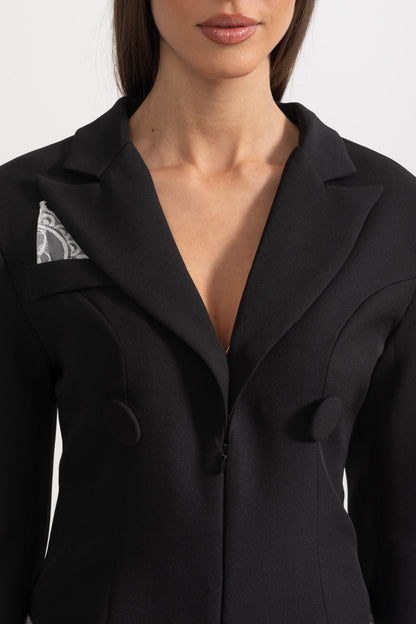 Beyaz Dantel Süslemeli Zarif Blazer Bodysuit Siaora