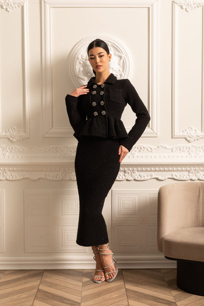 Peplum Belli ve Dekoratif Düğmeli Örme Dokulu Elbise Siaora