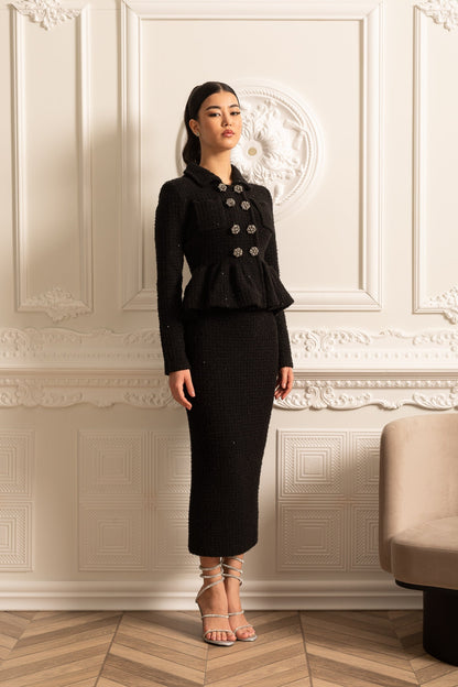 Peplum Belli ve Dekoratif Düğmeli Örme Dokulu Elbise Siaora