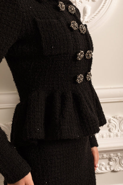 Peplum Belli ve Dekoratif Düğmeli Örme Dokulu Elbise Siaora