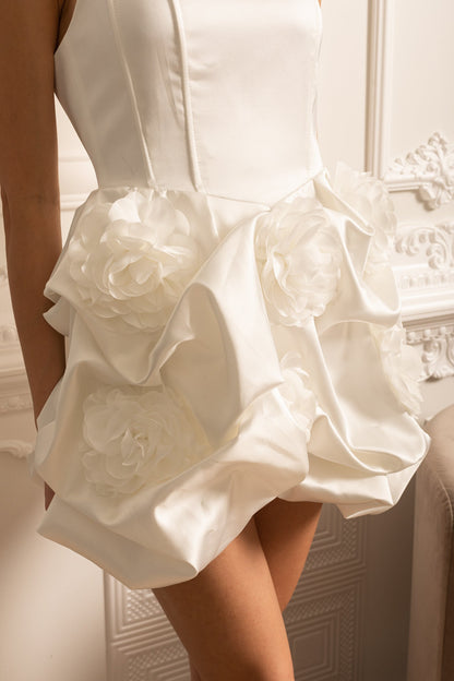 Satin Mini Dress With Gathered Fabric Floral Mini Skirt - White Siaora