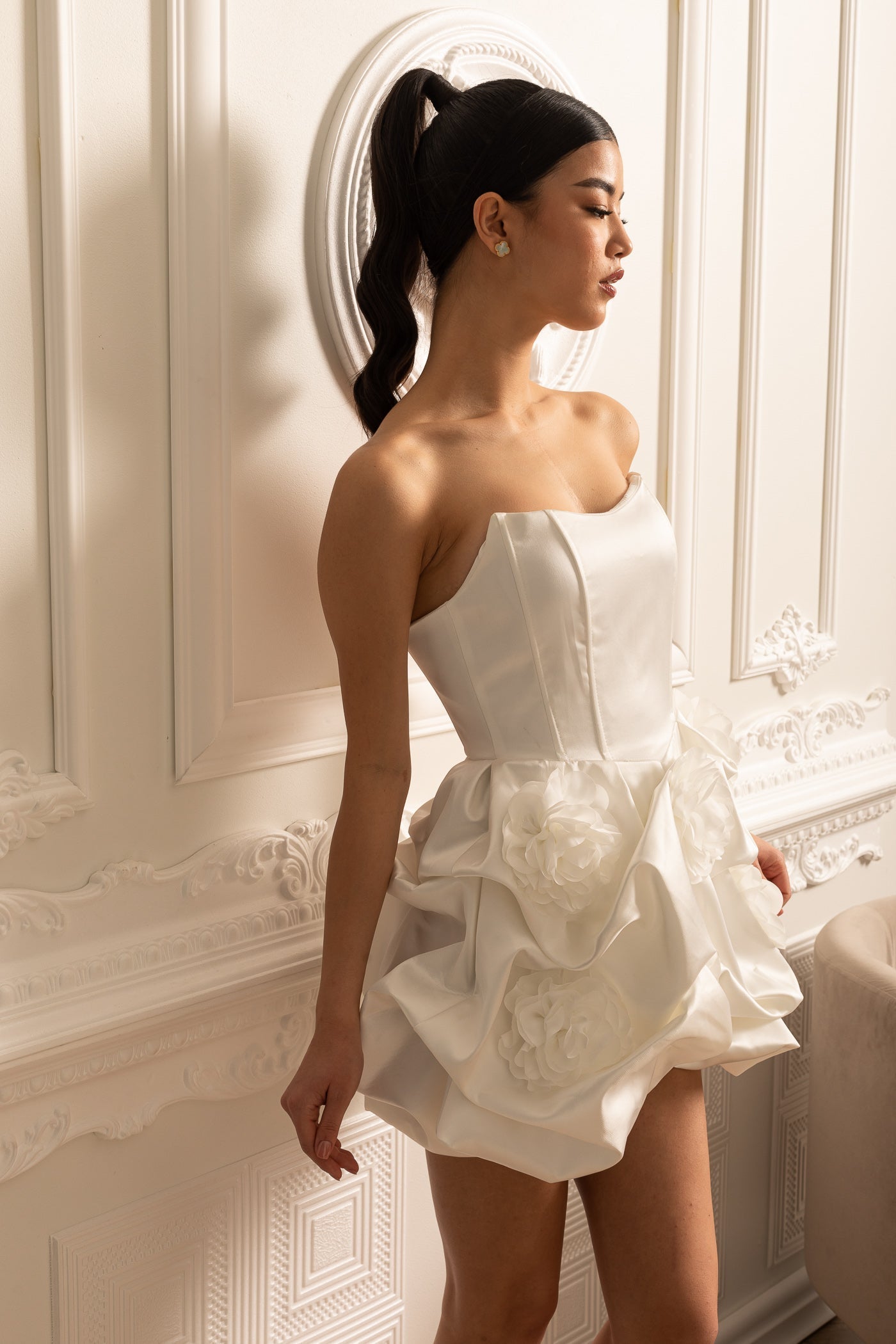 Satin Mini Dress With Gathered Fabric Floral Mini Skirt - White Siaora