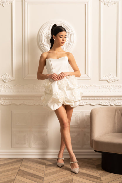 Satin Mini Dress With Gathered Fabric Floral Mini Skirt - White Siaora