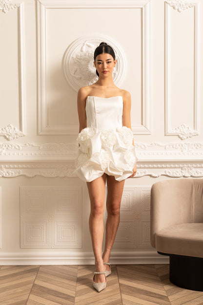 Satin Mini Dress With Gathered Fabric Floral Mini Skirt - White Siaora