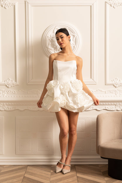 Satin Mini Dress With Gathered Fabric Floral Mini Skirt - White Siaora