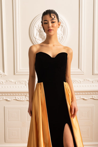 Gold Satin Etekli Kadife Elbise Siaora