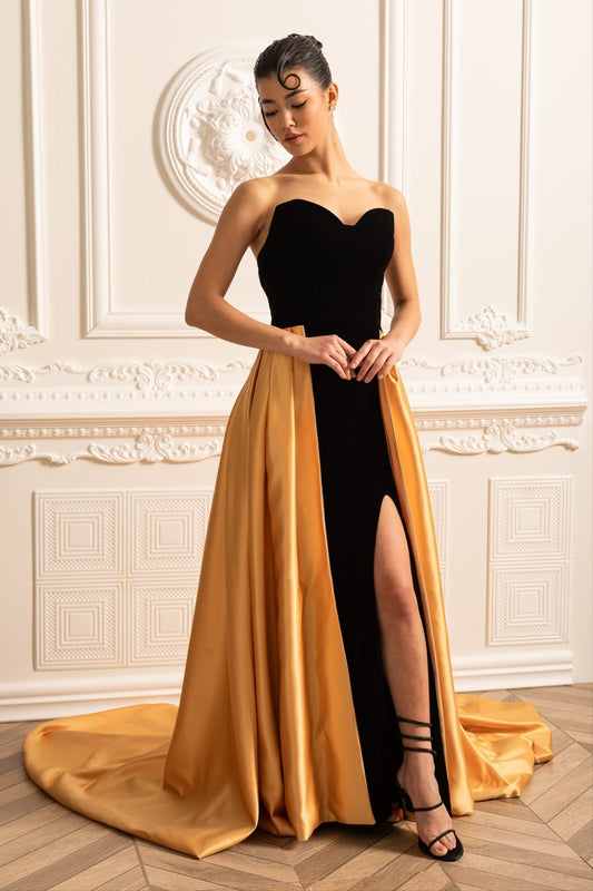 Gold Satin Etekli Kadife Elbise Siaora