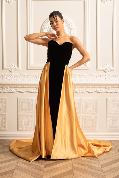 Gold Satin Etekli Kadife Elbise Siaora