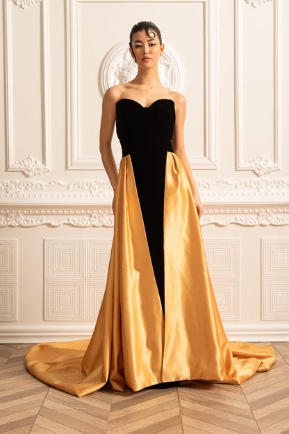Gold Satin Etekli Kadife Elbise Siaora