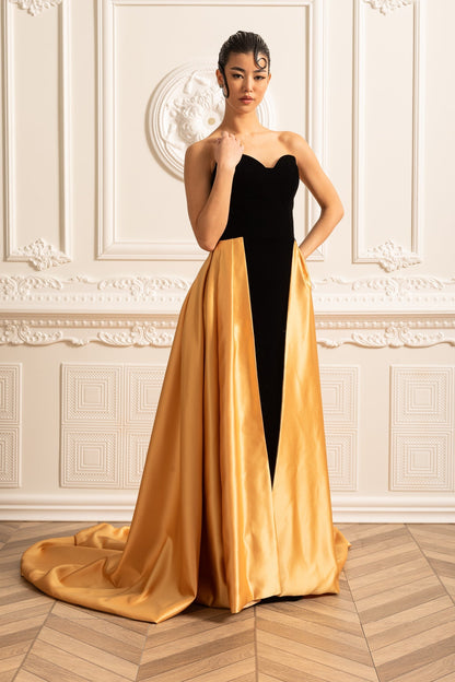 Gold Satin Etekli Kadife Elbise Siaora