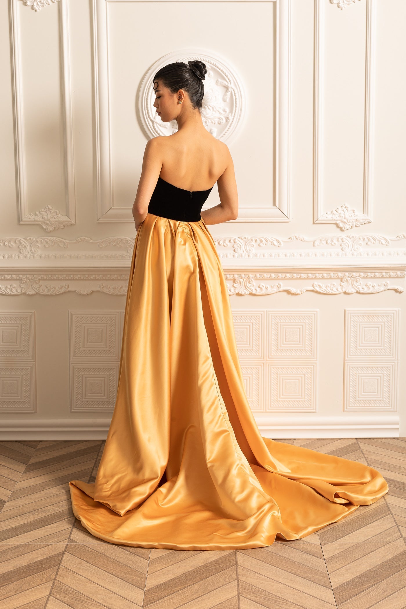 Gold Satin Etekli Kadife Elbise Siaora