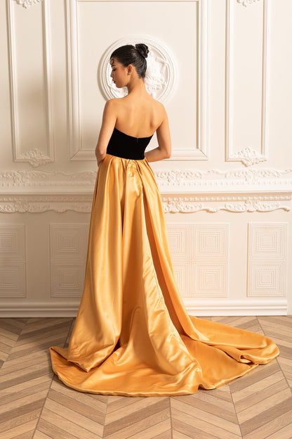 Gold Satin Etekli Kadife Elbise Siaora