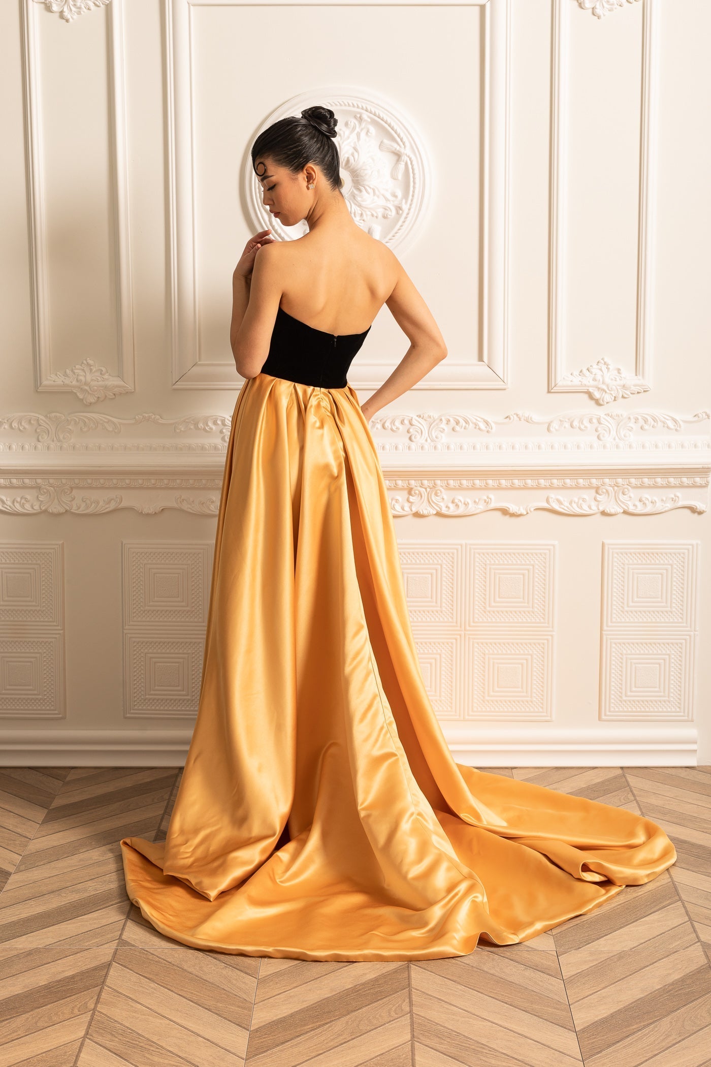 Gold Satin Etekli Kadife Elbise Siaora
