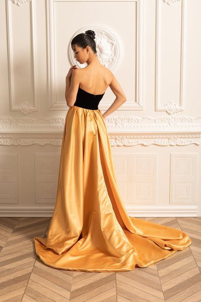 Gold Satin Etekli Kadife Elbise Siaora