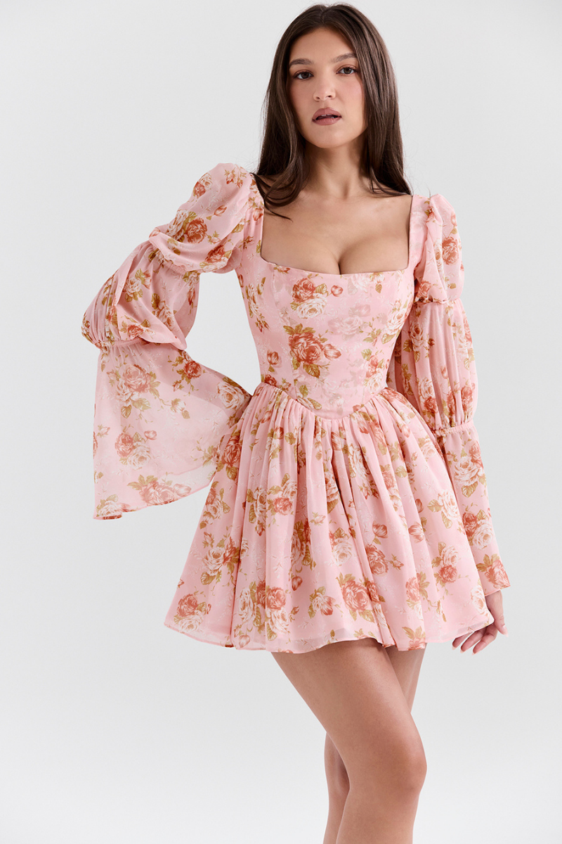 Divine Floral Kare Yaka Mini Elbise Niebbla