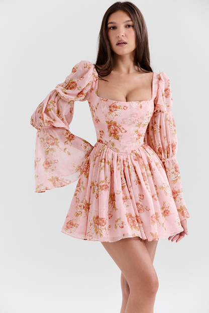 Divine Floral Kare Yaka Mini Elbise Niebbla