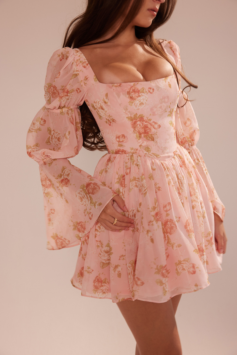 Divine Floral Kare Yaka Mini Elbise Niebbla
