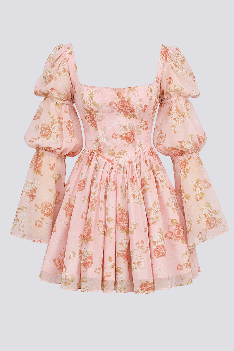Divine Floral Kare Yaka Mini Elbise Niebbla