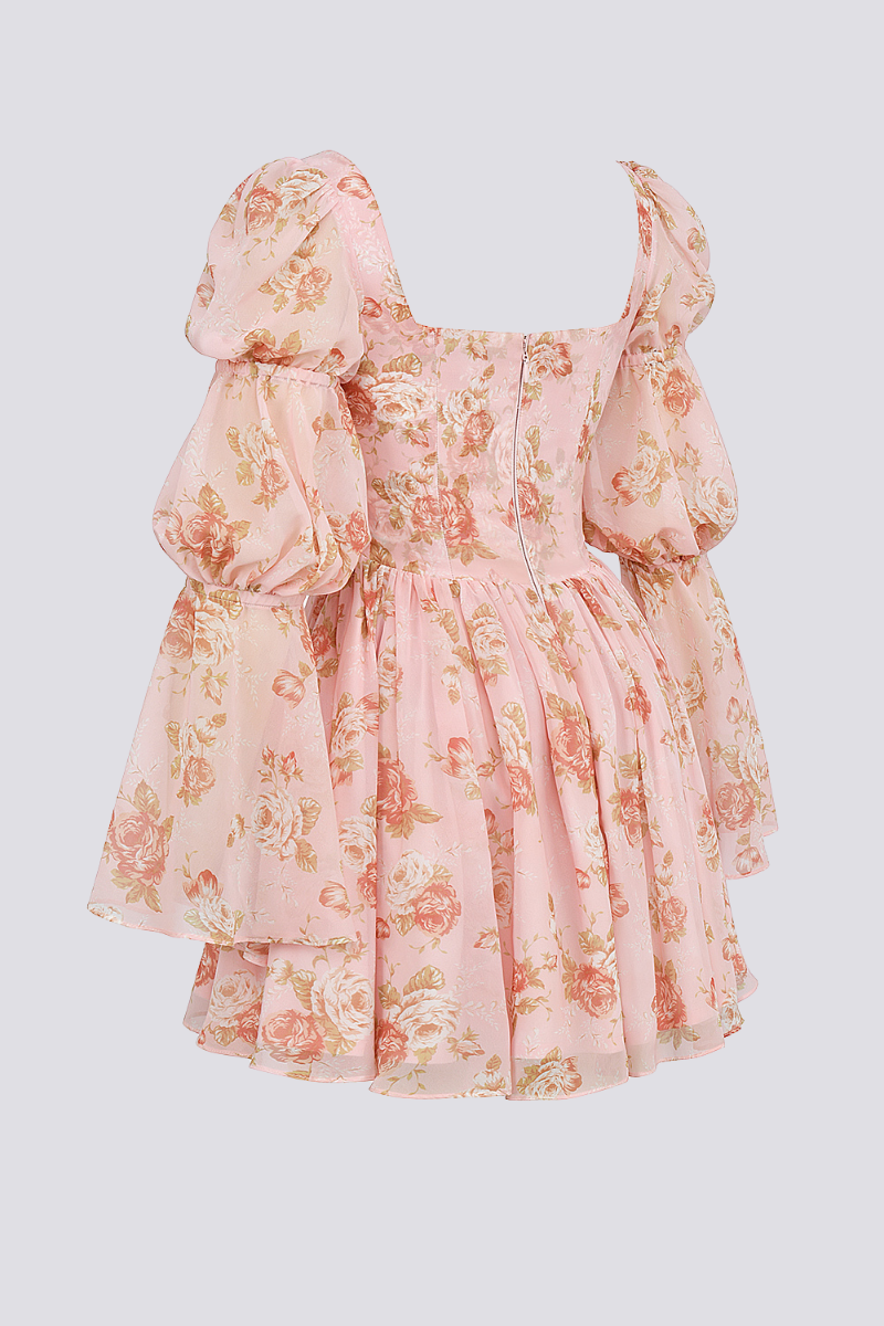 Divine Floral Kare Yaka Mini Elbise Niebbla