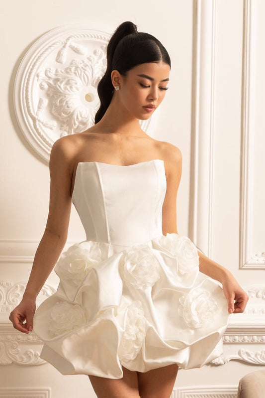Satin Mini Dress With Gathered Fabric Floral Mini Skirt - White Siaora
