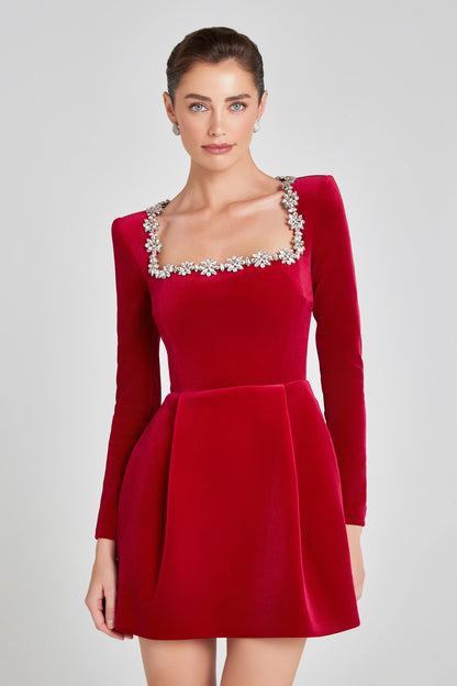 Monroe - İşlemeli Kadife Mini Elbise