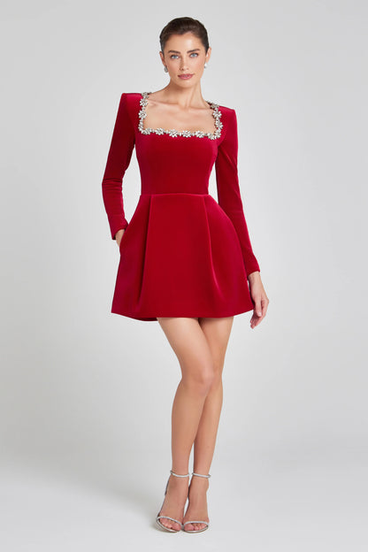 Monroe - İşlemeli Kadife Mini Elbise