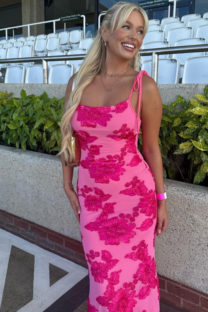 Xavina - Pembe Çiçek Desenli Düğüm Askılı Elbise Mağazam