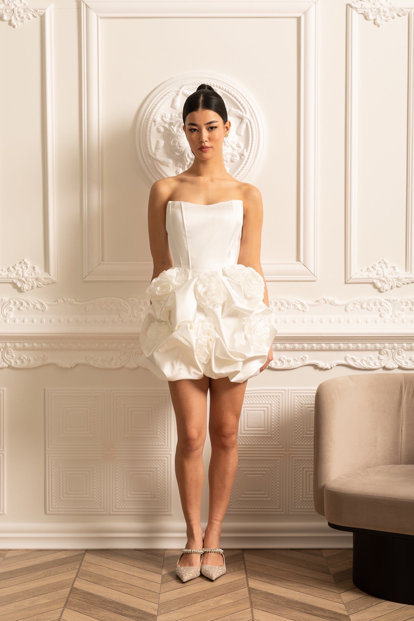 Satin Mini Dress With Gathered Fabric Floral Mini Skirt - White Siaora