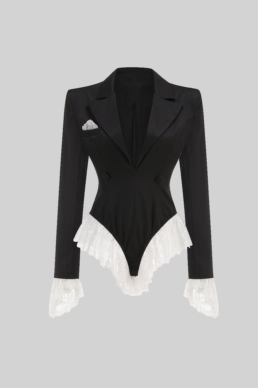 Beyaz Dantel Süslemeli Zarif Blazer Bodysuit Siaora