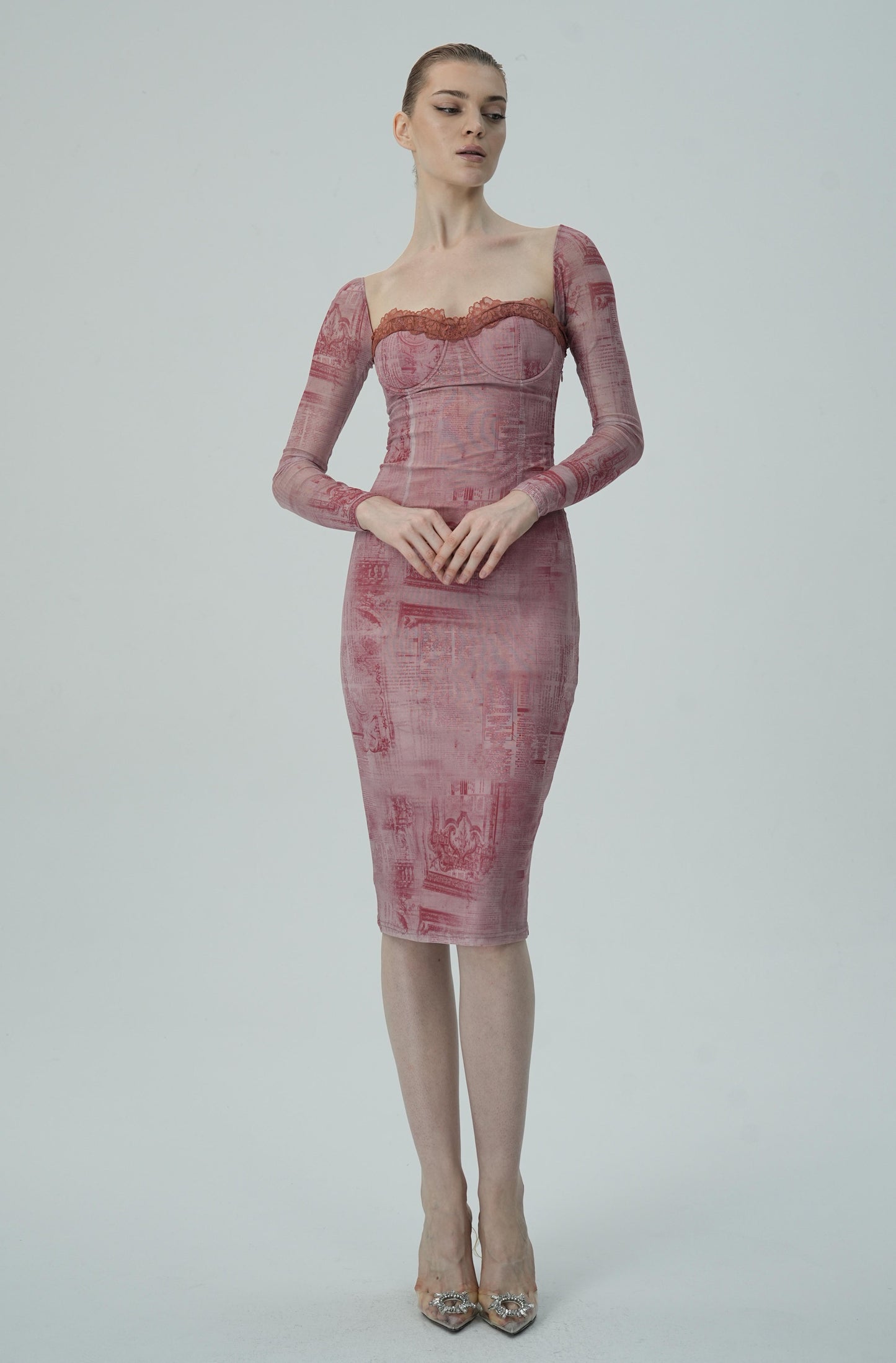 Gül Baskılı Uzun Kollu Bodycon Elbise Siaora